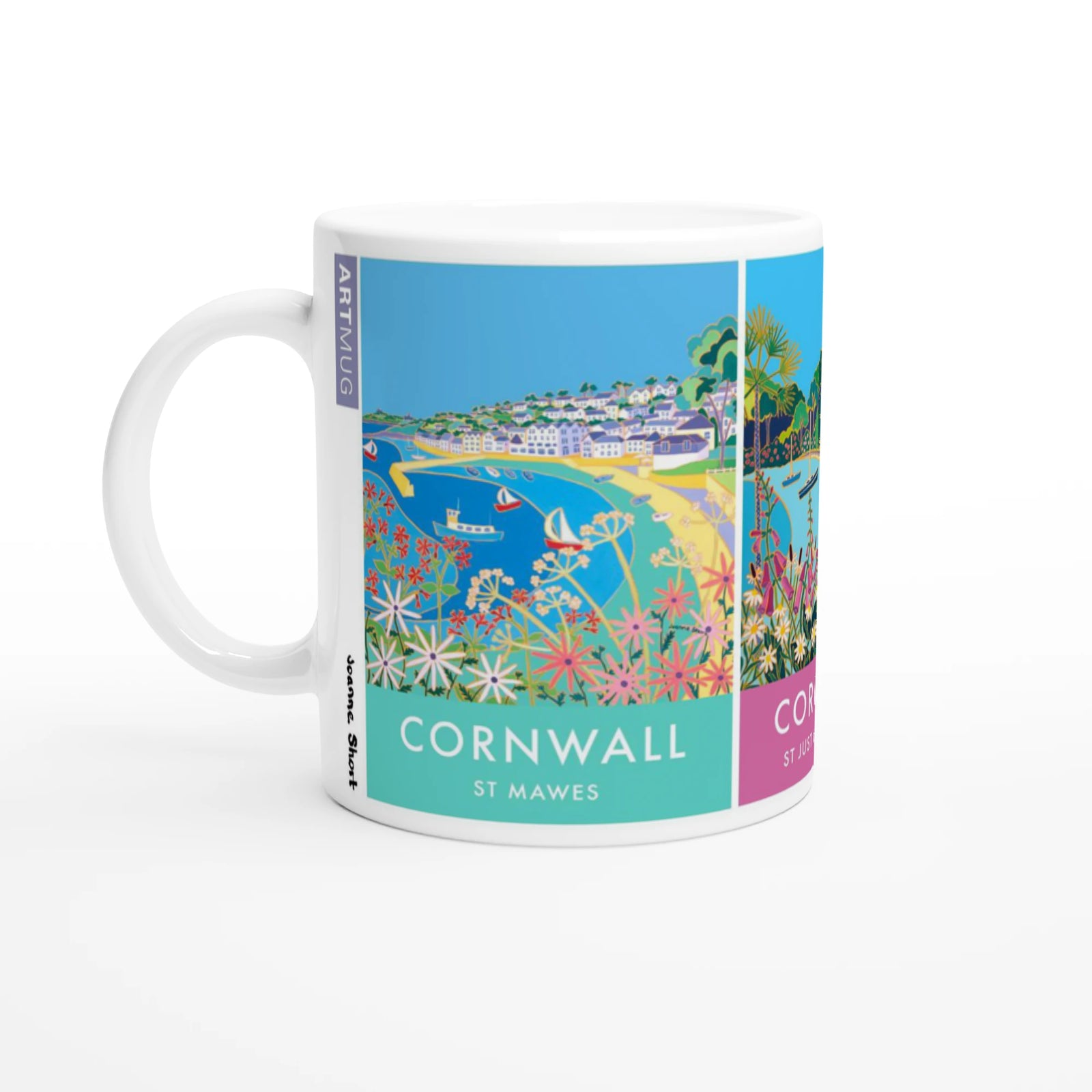 Joanne Short Ceramic Cornish Art Mug featuring the Roseland in Cornwall, St Mawes, St Just in Roseland and St Anthony's Lighthouse Joanne Short