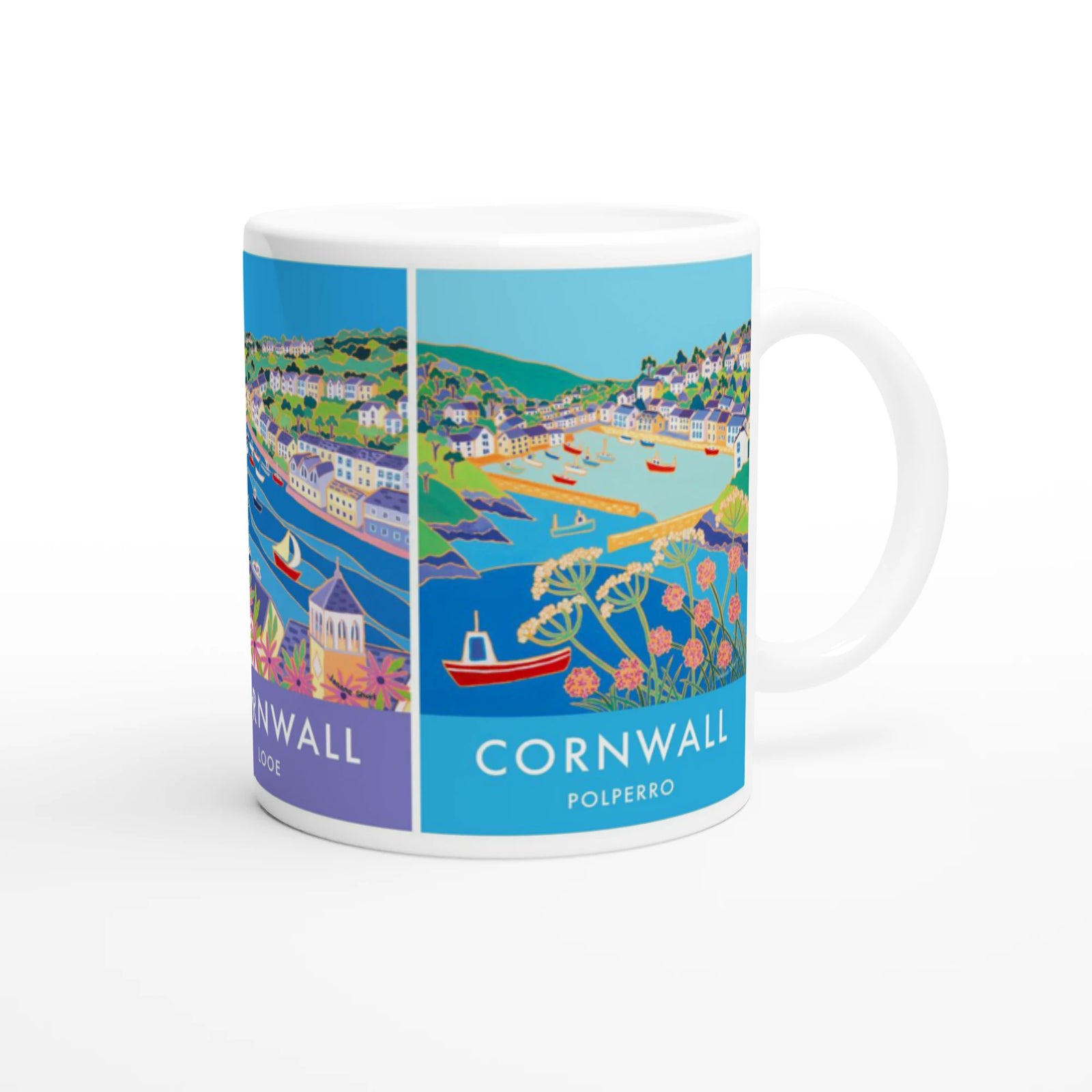 Joanne Short Ceramic Cornish Art Mug, Mevagissey, Looe and Polperro Cornish Fishing Villages Joanne Short