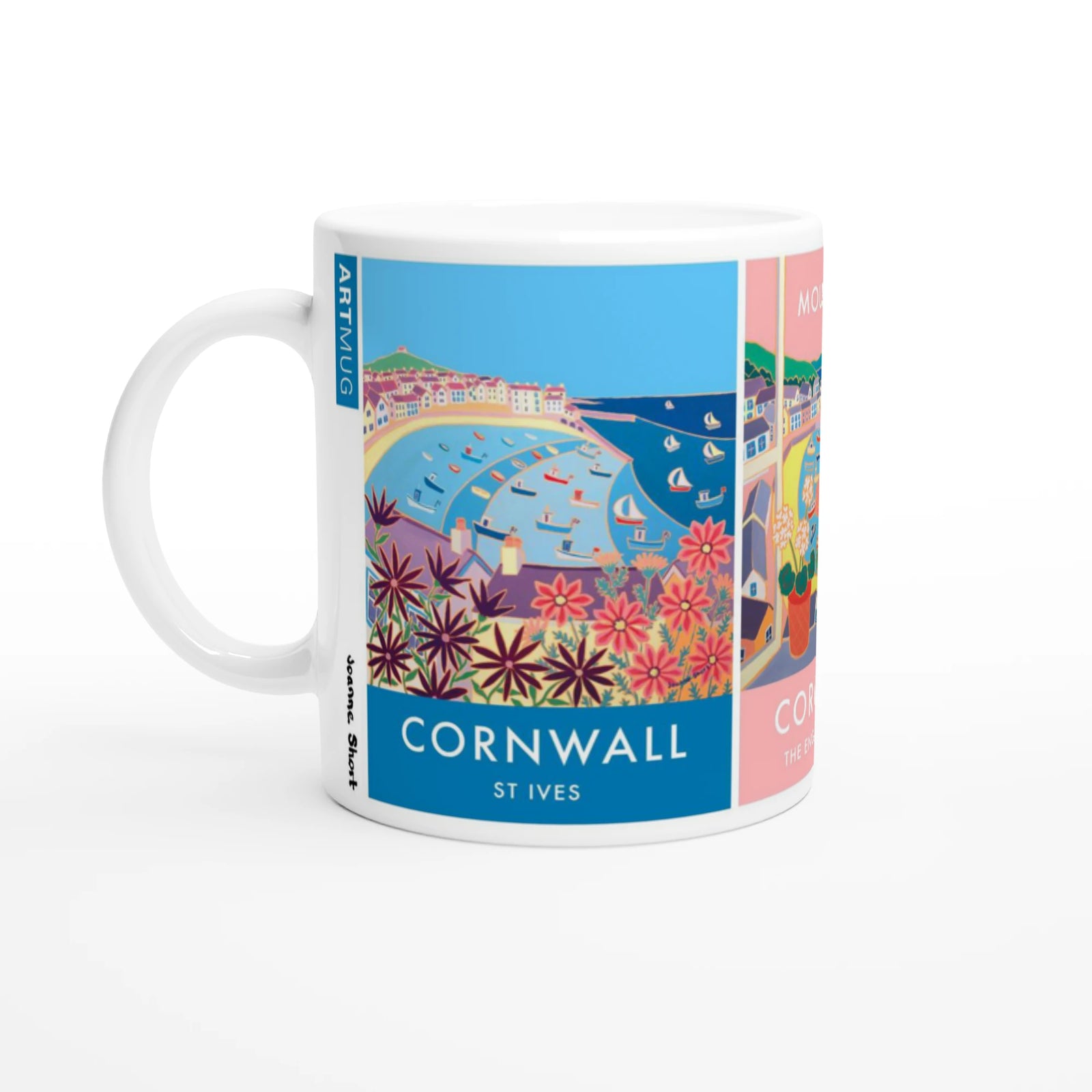 Joanne Short Ceramic Cornish Art Mug featuring St Ives and Mousehole on the Penwith Peninsula in Cornwall Joanne Short
