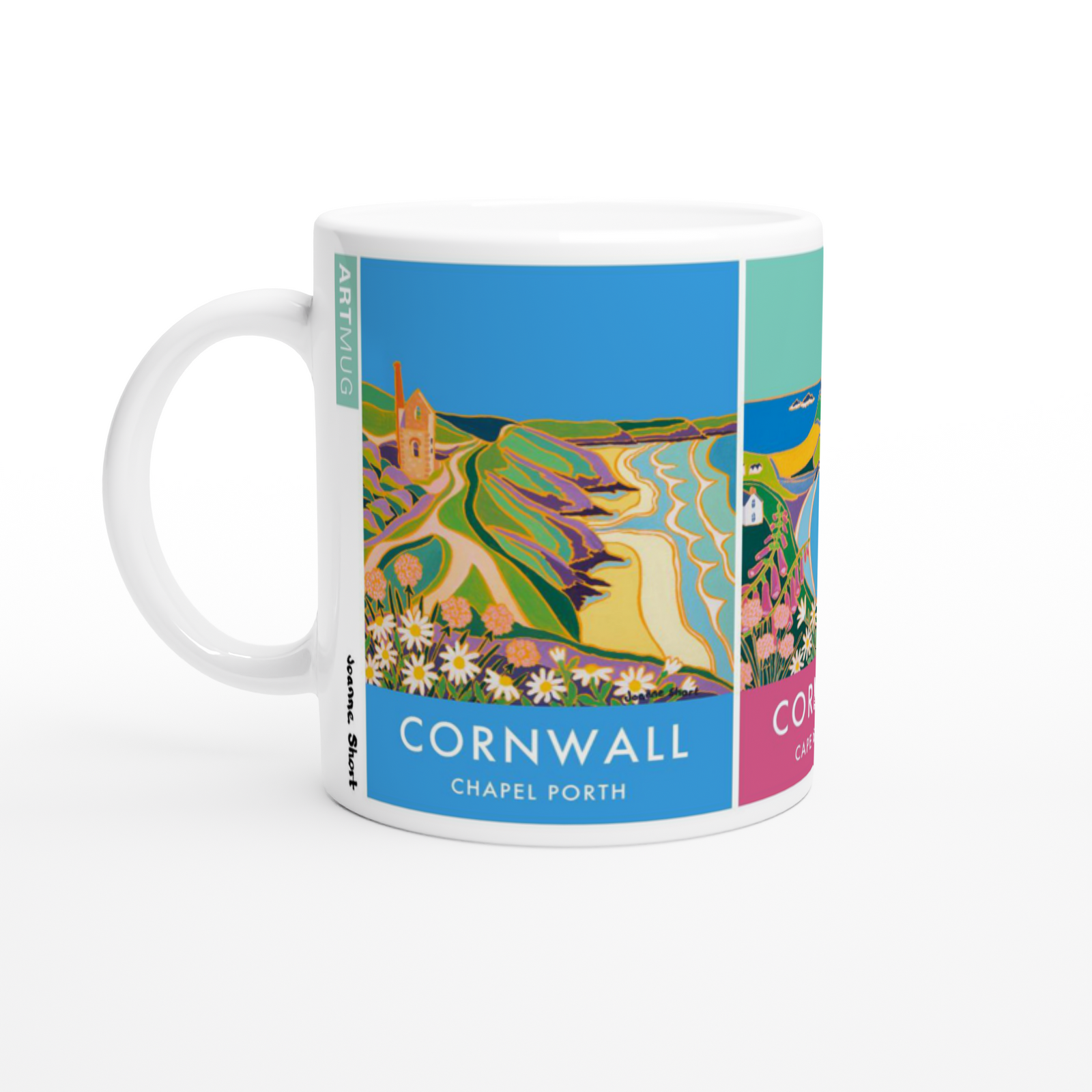 Joanne Short Ceramic Cornish Art Mug featuring Chapel Porth, Cape Cornwall and the Tin Mines of Botallack Joanne Short