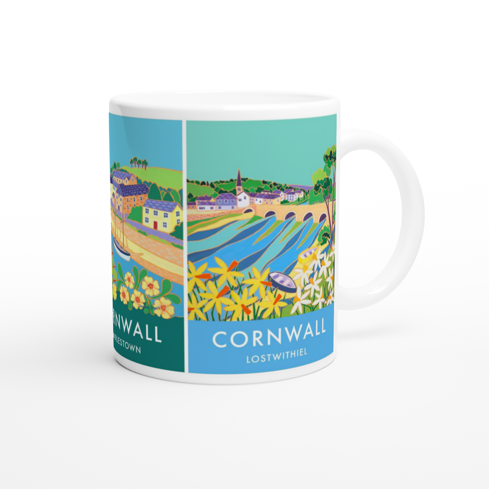 Joanne Short Ceramic Cornish Art Mug featuring Truro, Charlestown and Lostwithiel in Cornwall