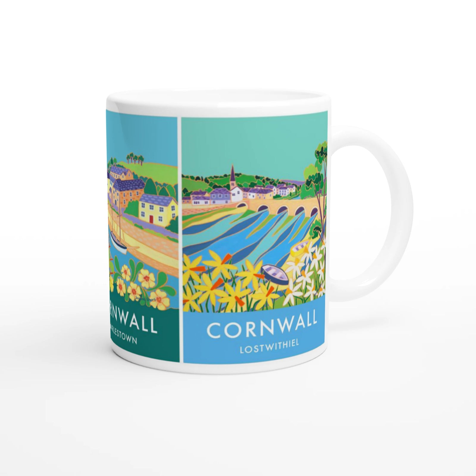 Joanne Short Ceramic Cornish Art Mug featuring Truro, Charlestown and Lostwithiel in Cornwall Joanne Short