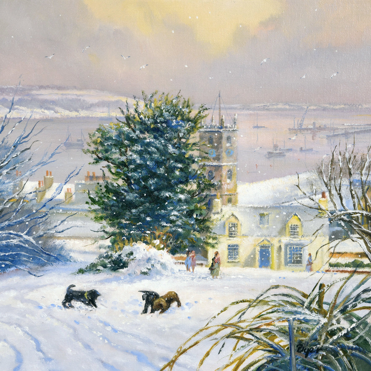 'Playing in the Snow. Falmouth', 14x14 inches original art oil on canvas. Paintings of Cornwall by Cornish Artist Ted Dyer. Cornwall Art Gallery Ted Dyer