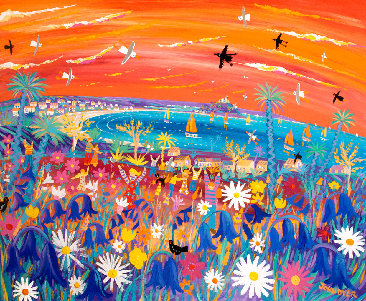 Limited Edition Print by Cornish Artist John Dyer. 'Circling Ravens in the Fiery Sky St Michael's Mount'. Cornwall Art Gallery Print