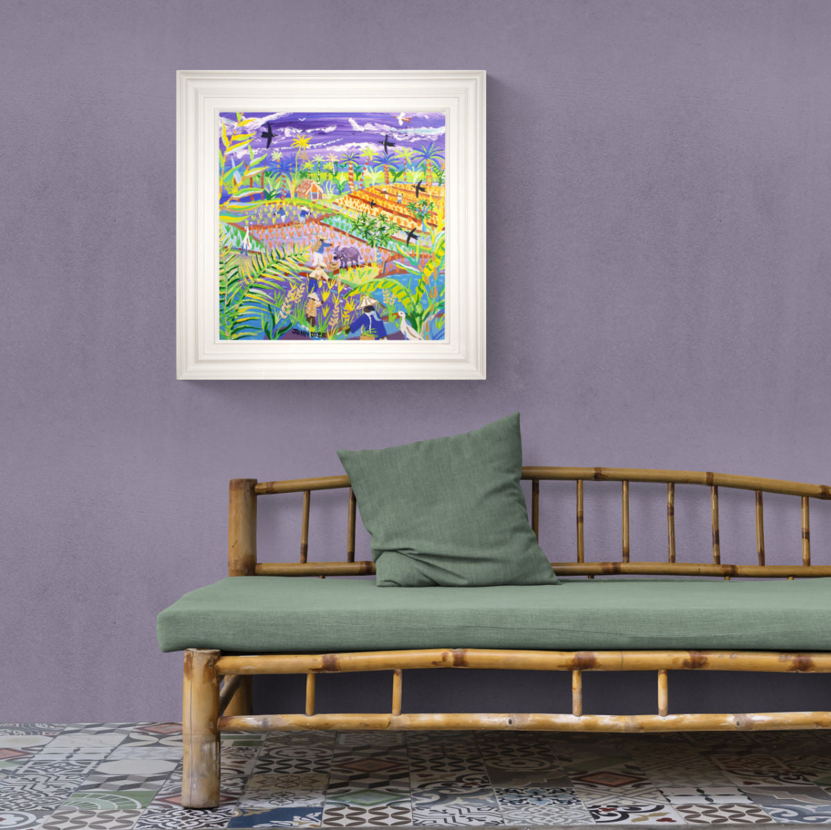 'Water Buffalo and Rice Terraces, the Philippines'. 24x24 inches acrylic on canvas. Paintings of Philippines by John Dyer from our Online Art Gallery