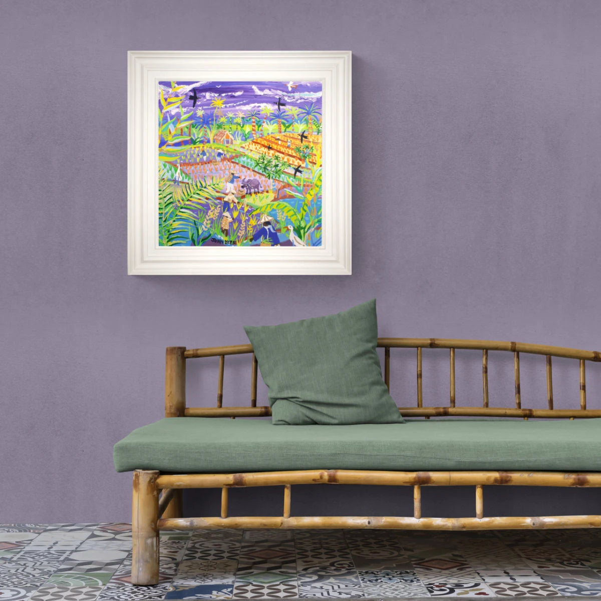 'Water Buffalo and Rice Terraces, the Philippines'. 24x24 inches acrylic on canvas. Paintings of Philippines by John Dyer from our Online Art Gallery John Dyer