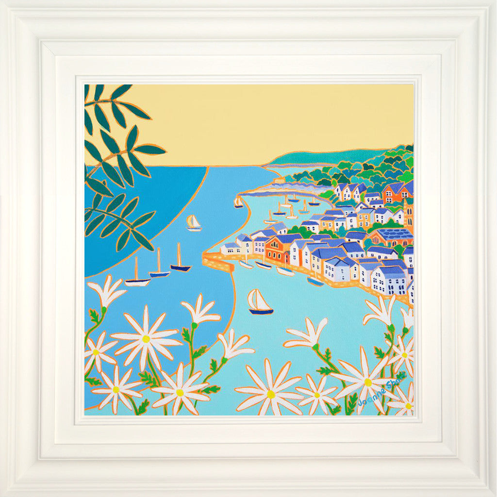 A painting of the River Fowey in Cornwall by Cornish artist Joanne Short. Perfectly framed and composed with the artist's exquisite sense of line and unrivalled eye this painting brings us a view looking down the coast past Fowey. White daisies provide a gentle foreground and we sense the warmth of the day through the careful colour choices and combinations. A delightful piece of work.