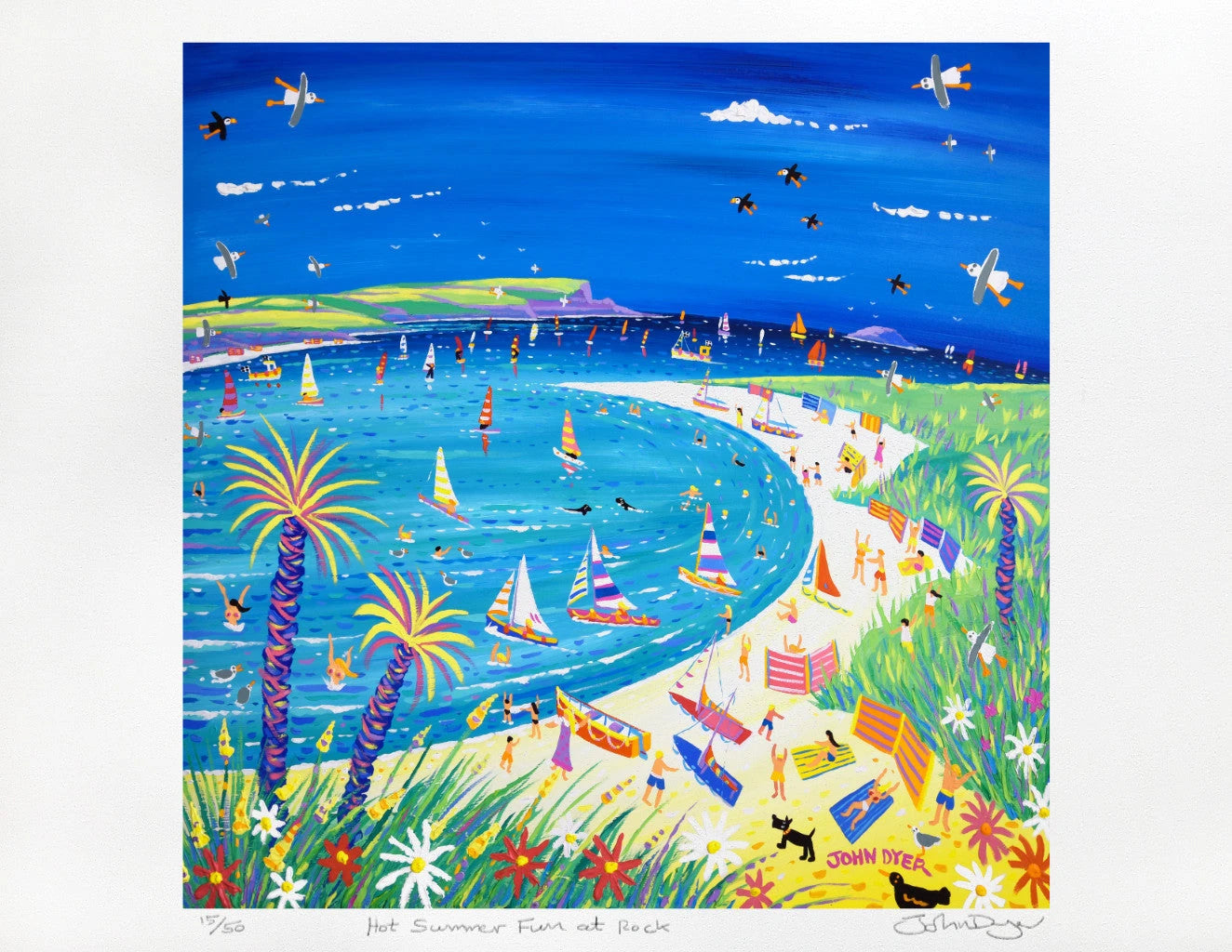 Limited Edition Print by Cornish Artist John Dyer. 'Hot Summer Fun at Rock, Daymer Bay, Cornwall'. Cornwall Art Gallery Print John Dyer