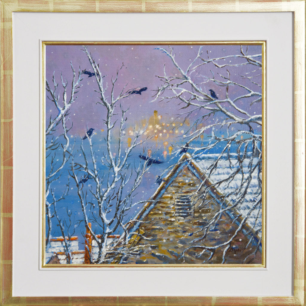 'Rooks in the Snow. Falmouth', 14x14 inches original art oil on canvas. Paintings of Cornwall by Cornish Artist Ted Dyer from our Cornwall Art Gallery