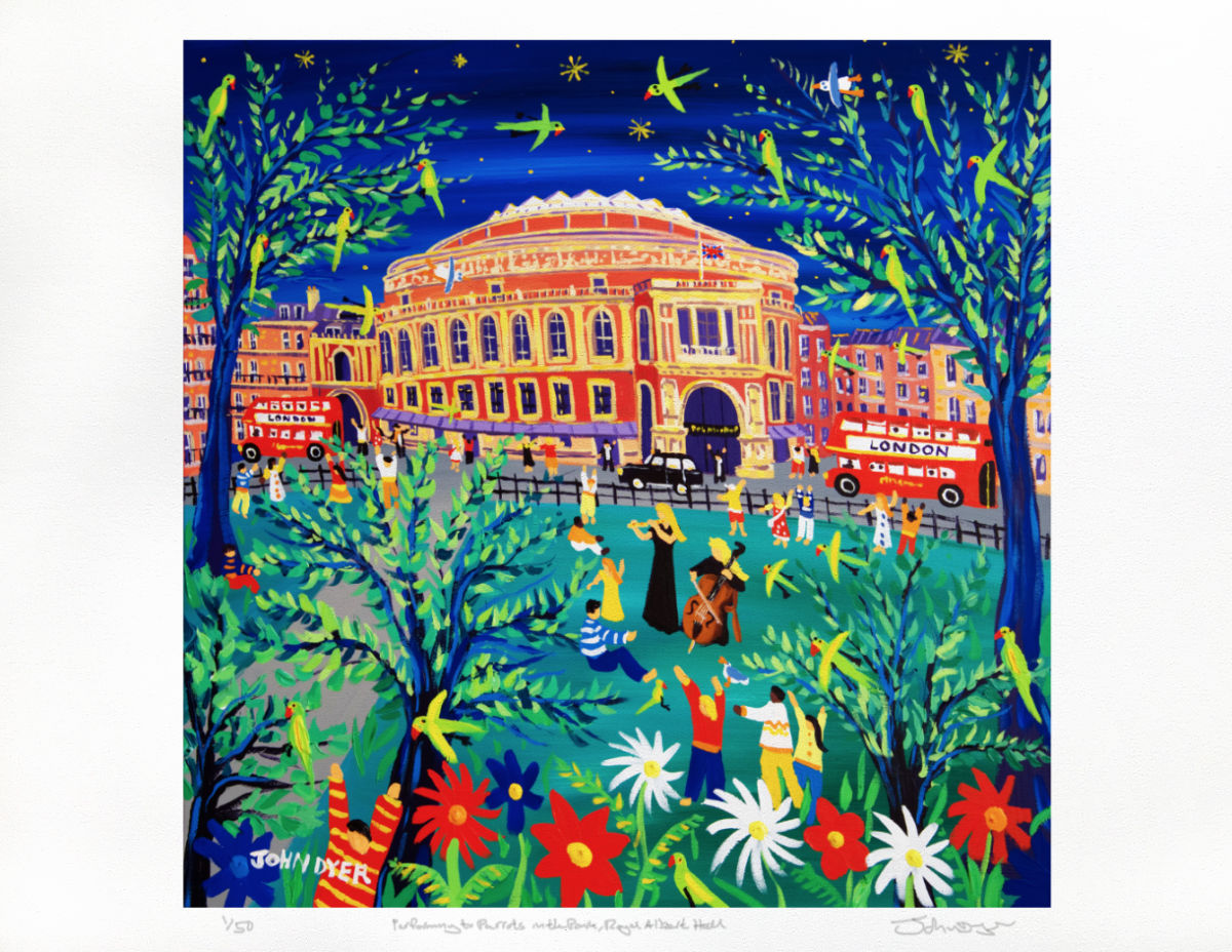 Limited Edition London Garden Art Print by John Dyer. 'Performing to the Parrots in the Park, Royal Albert Hall'. London Gallery Print