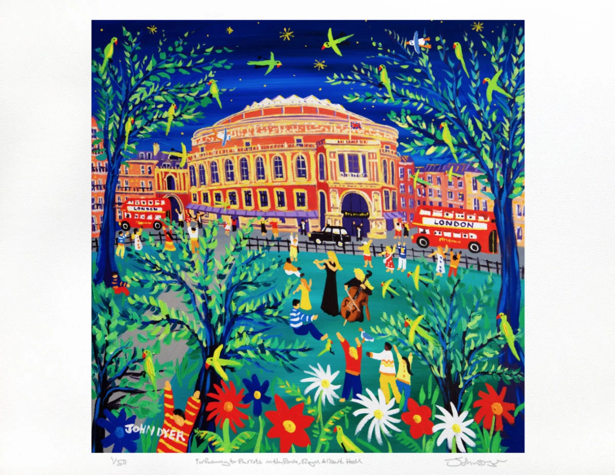 Limited Edition London Garden Art Print by John Dyer. 'Performing to the Parrots in the Park, Royal Albert Hall'. London Gallery Print John Dyer
