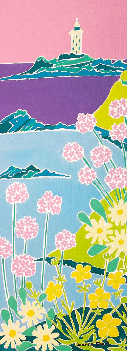 Signed Limited Edition Print by Cornish Artist Joanne Short. 'Sea Pinks and Buttercups, Godrevy Lighthouse'. Cornwall Art Gallery Print Joanne Short