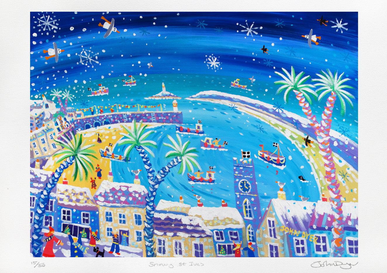 Signed Limited Edition Print by Cornish Artist John Dyer. 'Snowy St Ives'. Cornwall Art Gallery Print