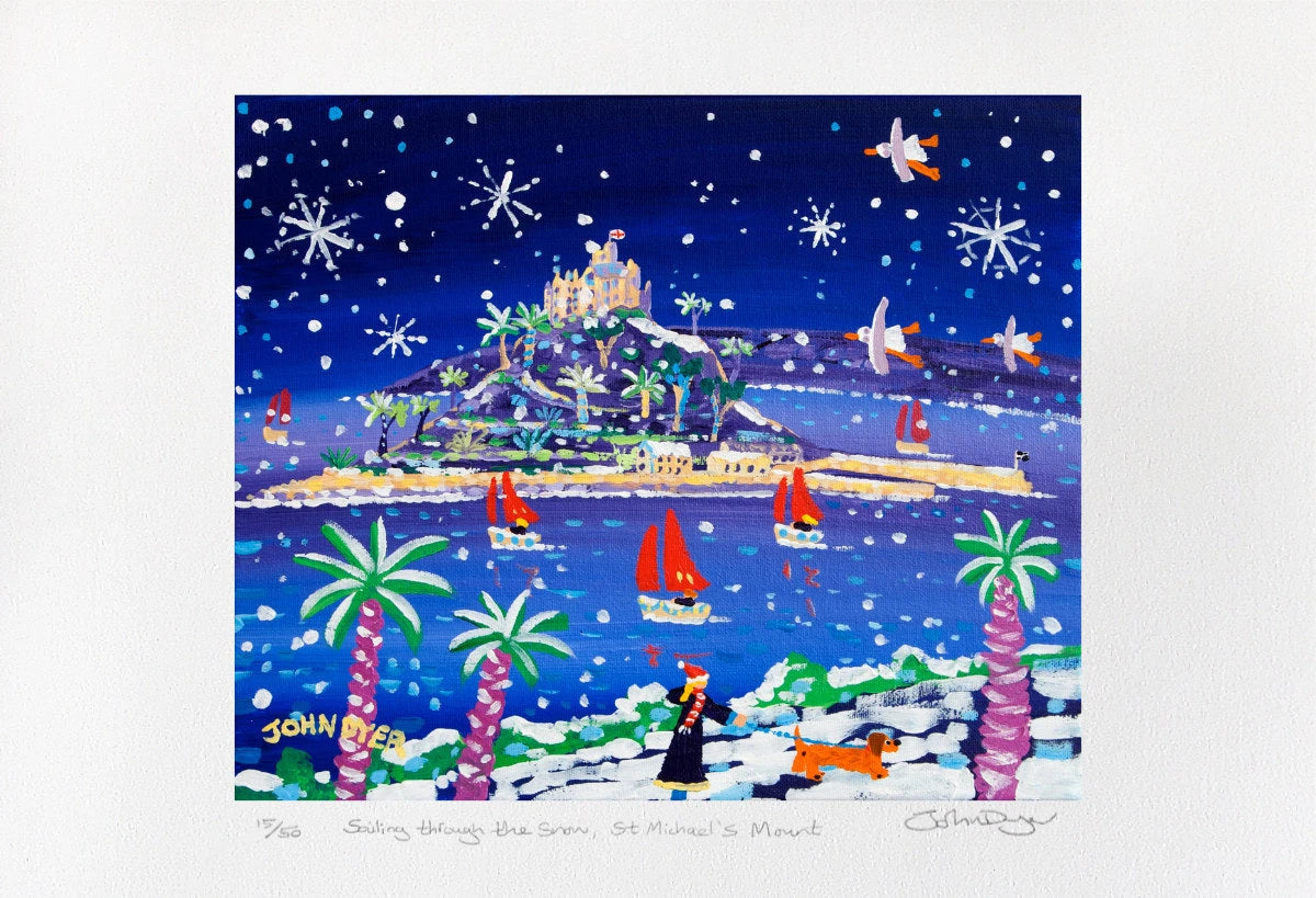 Limited Edition Print by Cornish Artist John Dyer. 'Sailing through the Snow, St Michael's Mount'. Cornwall Art Gallery Print John Dyer