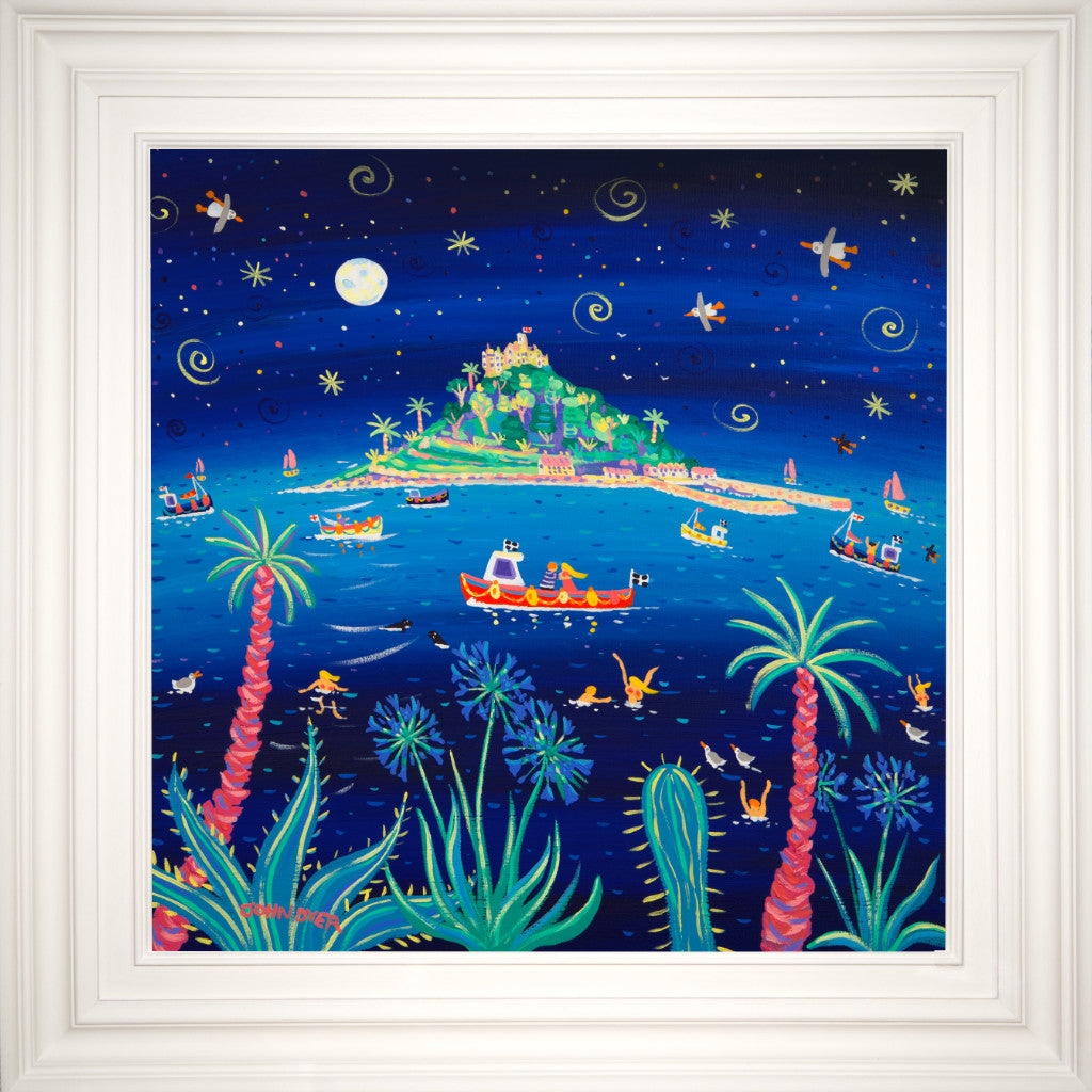 Two lovers embrace on a boat at night in front of St Michael's mount in Cornwall. Framed painting by artist John Dyer.
