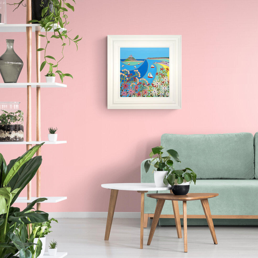 Cornish Art Original Painting by Joanne Short. 'Summer Flowers, Mount's Bay'. 18 x 18 inches oil on canvas. Cornwall Art Gallery