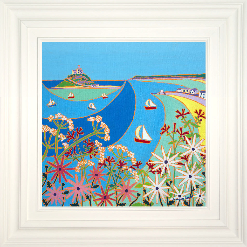 Cornish Art Original Painting by Joanne Short. 'Summer Flowers, Mount's Bay'. 18 x 18 inches oil on canvas. Cornwall Art Gallery
