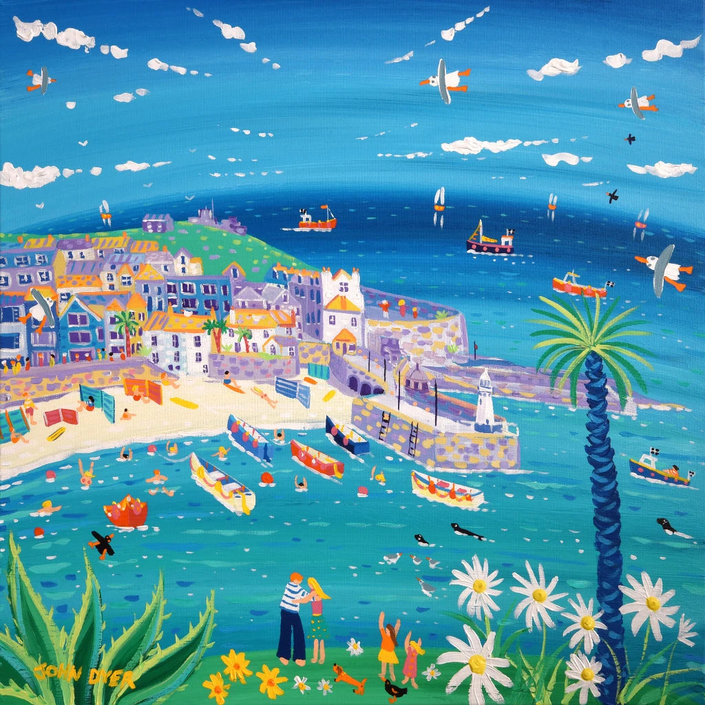 'View across the Harbour, St Ives', 24x24 inches acrylic on canvas. Painting by Cornish Artist John Dyer. Cornish Art from our Cornwall Art Gallery John Dyer