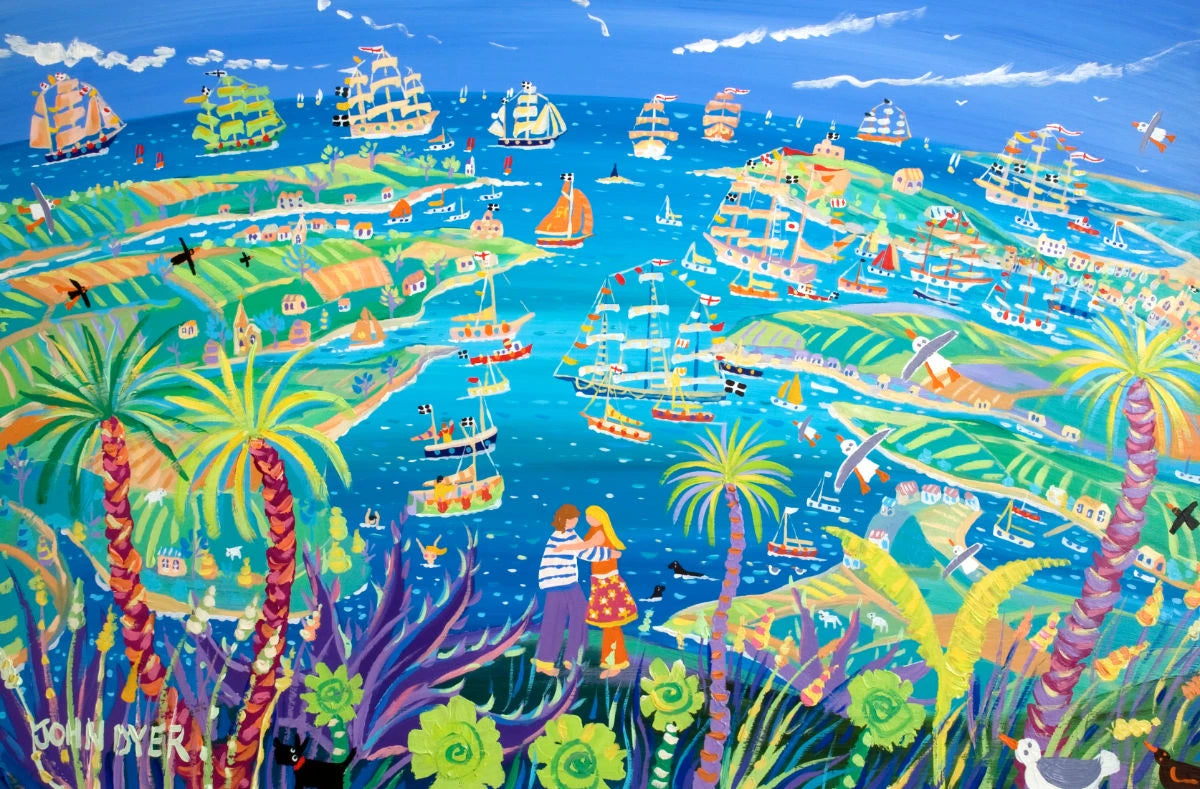 Signed Limited Edition Tall Ships Print by Cornish Artist John Dyer. 'Fluttering Flotilla'. Cornwall Art Print John Dyer