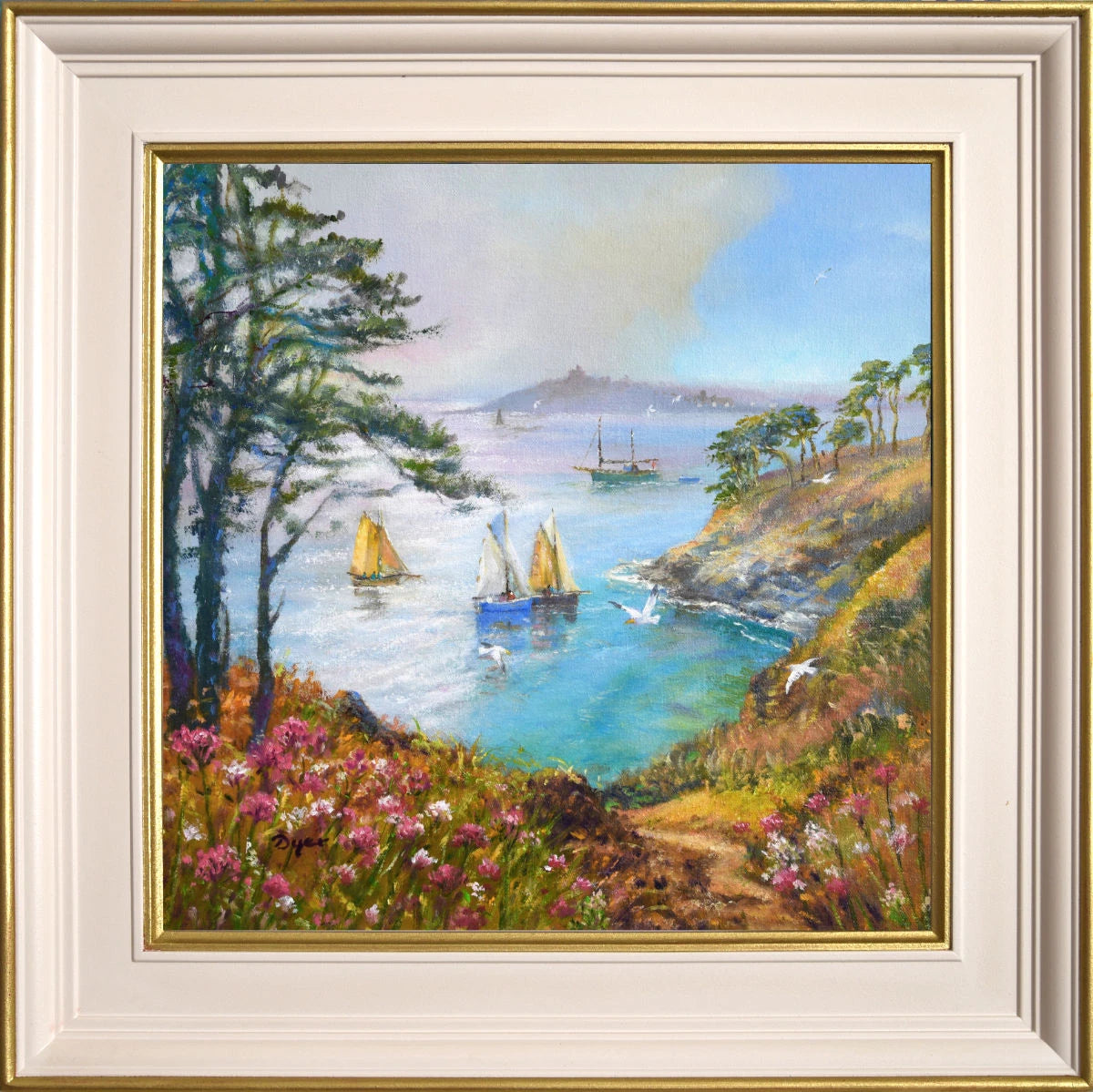 'Along the Coast Path, St Anthony Head', 14x14 inches oil on canvas. Painting by Cornish Artist Ted Dyer. Cornish Art from our Cornwall Art Gallery Ted Dyer