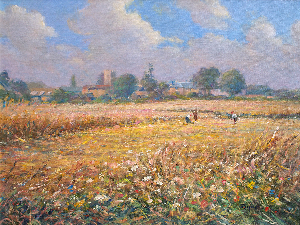 'Harvest Time, Somerset', 12x16 inches original art oil on canvas. Landscape Painting of Somerset by British Artist Ted Dyer.