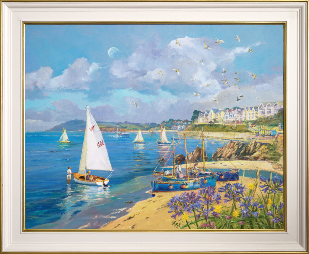 'White Sails and Agapanthus. Castle Beach. Falmouth', 24 x 30 inches original art oil on canvas. Paintings of Cornwall by Cornish Artist Ted Dyer from our Cornwall Art Gallery