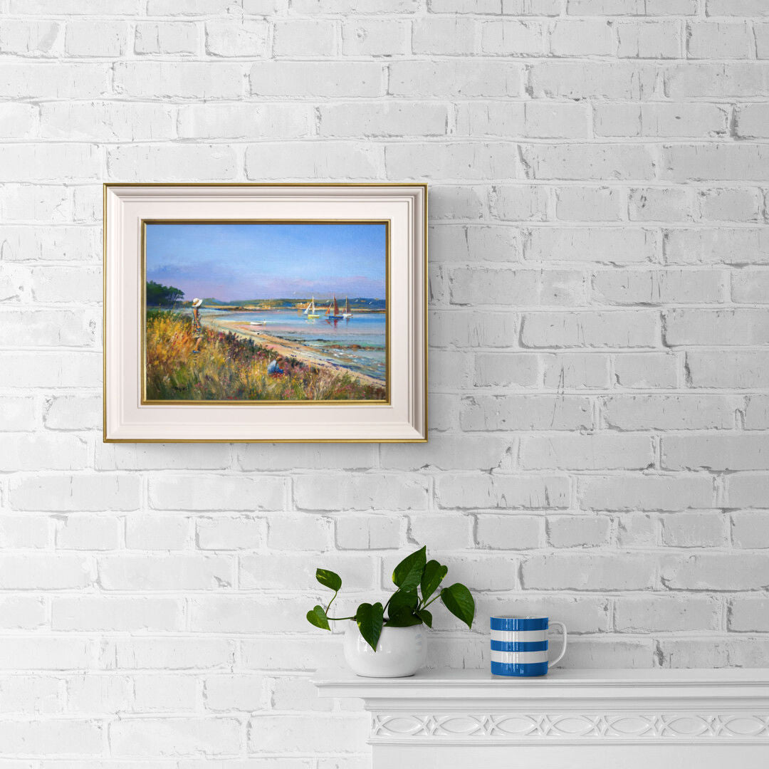 'Sails in the Bay. Pentle Bay, Tresco', 12x16 inches original art oil on canvas. Paintings of Cornwall by Cornish Artist Ted Dyer from our Cornwall Art Gallery
