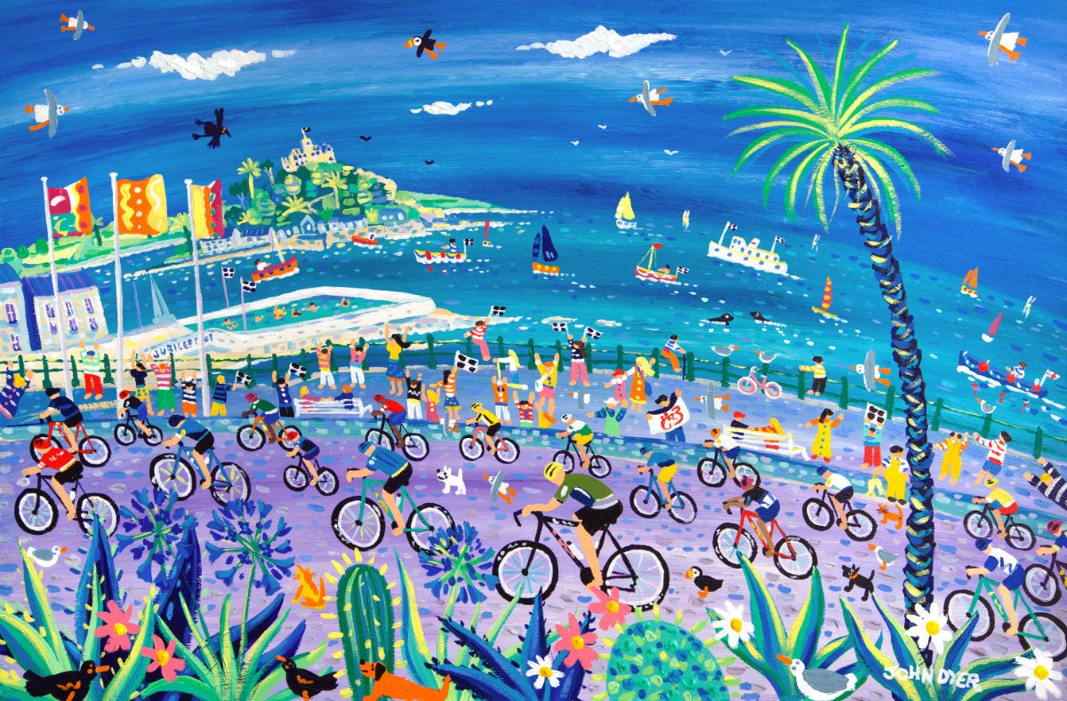 'Peddling Past Penzance, Tour of Britain'.
24 x 36 inches, acrylic on board. Cornwall Art Gallery Painting by John Dyer. John Dyer