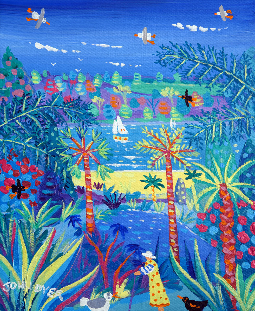 'Walking to the Beach, Trebah Garden', 12x10 inches acrylic on canvas. Paintings of Cornwall. Cornish Artist John Dyer. Cornwall Art Gallery