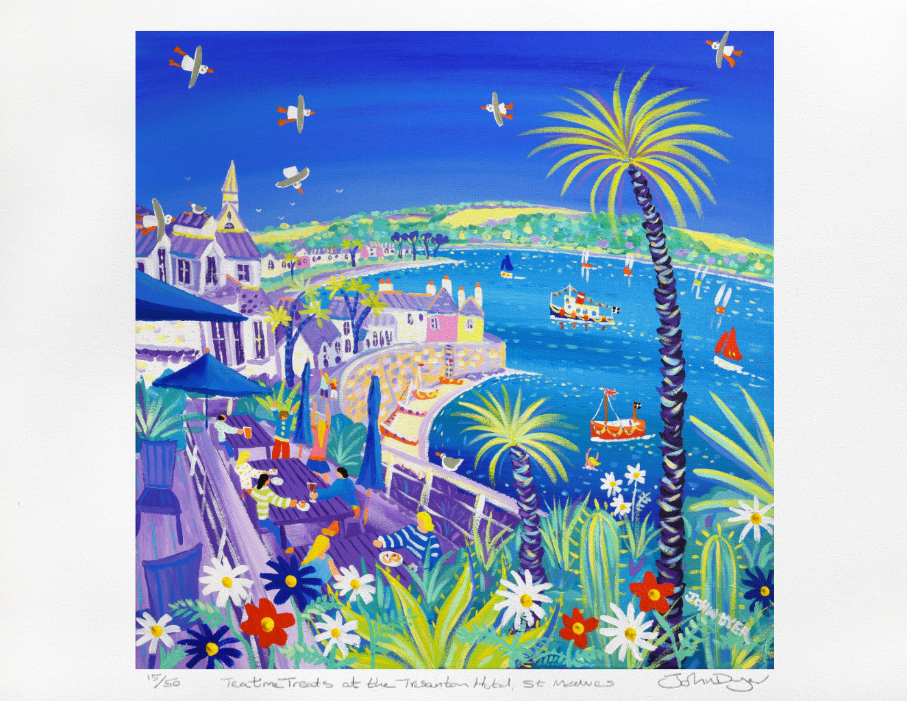 Tresanton Hotel terrace looking towards St Mawes in Cornwall. Signed print by artist John Dyer.