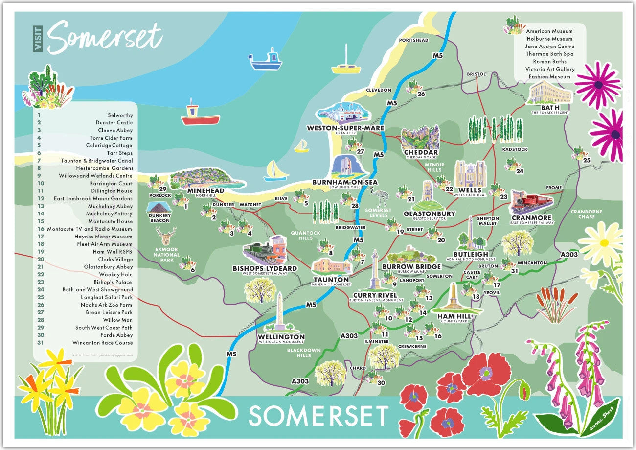 Vintage Style Wall Art Poster Print by Joanne Short. Illustrated Art Map of Somerset Joanne Short
