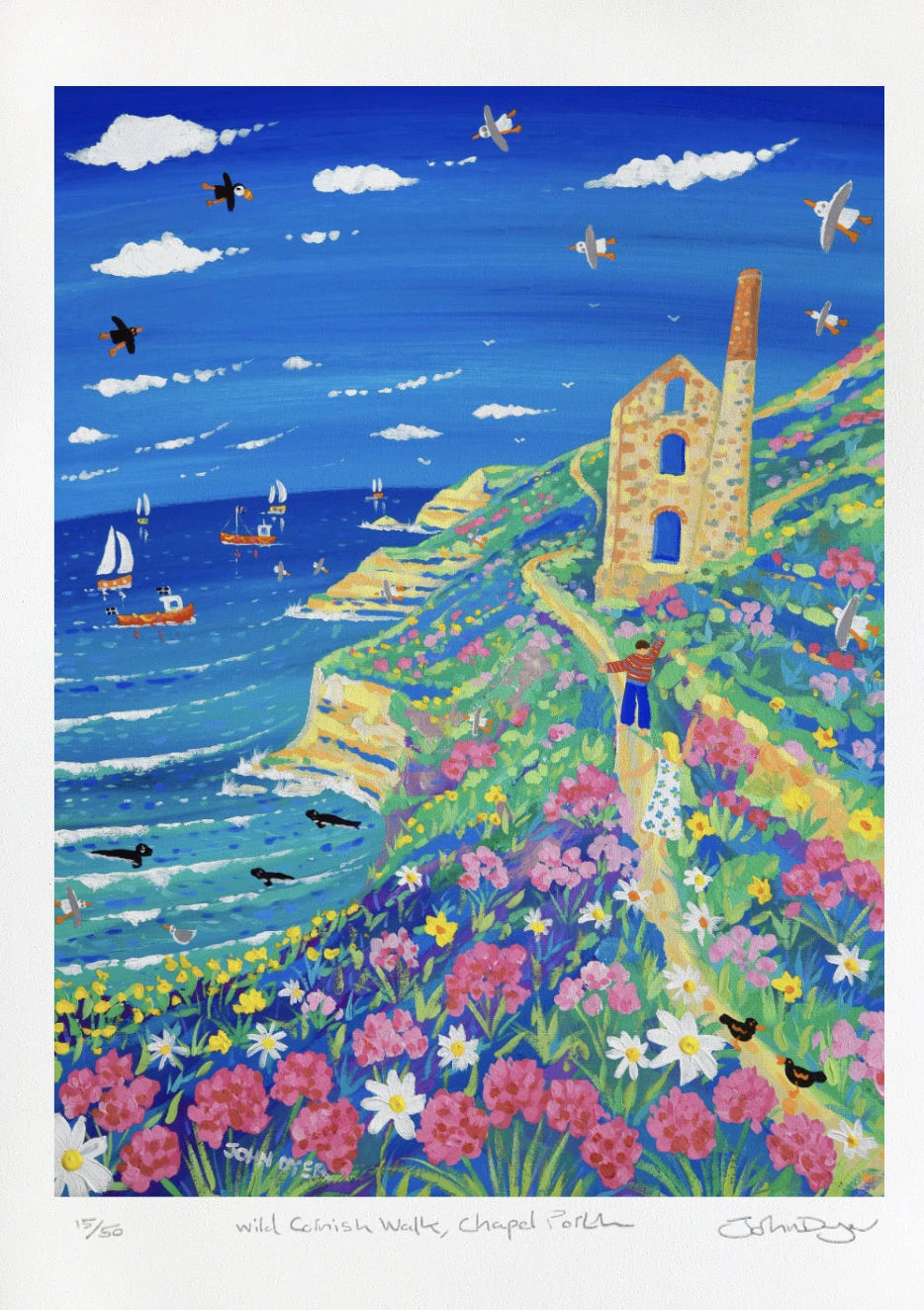 Signed Limited Edition Print by Cornish Artist John Dyer. 'Wild Cornish Walk, Chapel Porth'. Cornwall Art Gallery Print John Dyer