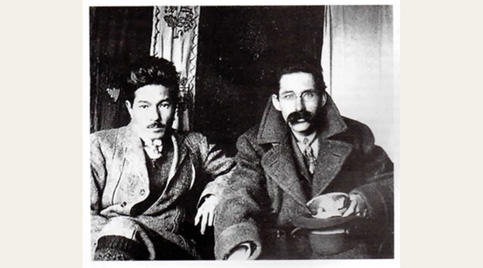 Historical photograph of Kenkichi Tomimoto on the left and Bernard Leach on the right in Japan, early 1910s
