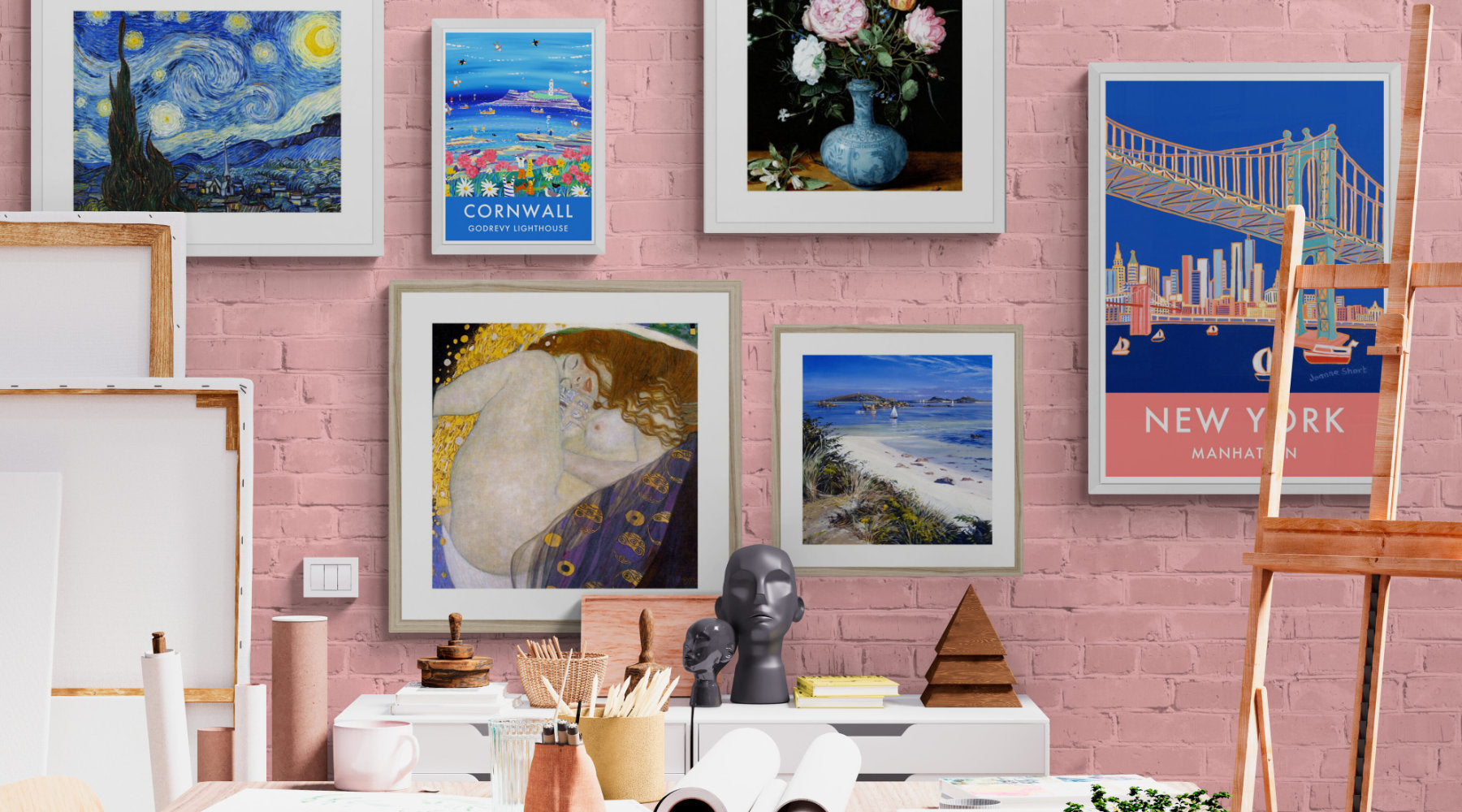Artist Prints displayed on the wall of an artist's studio - John Dyer Gallery. Buy artist prints online