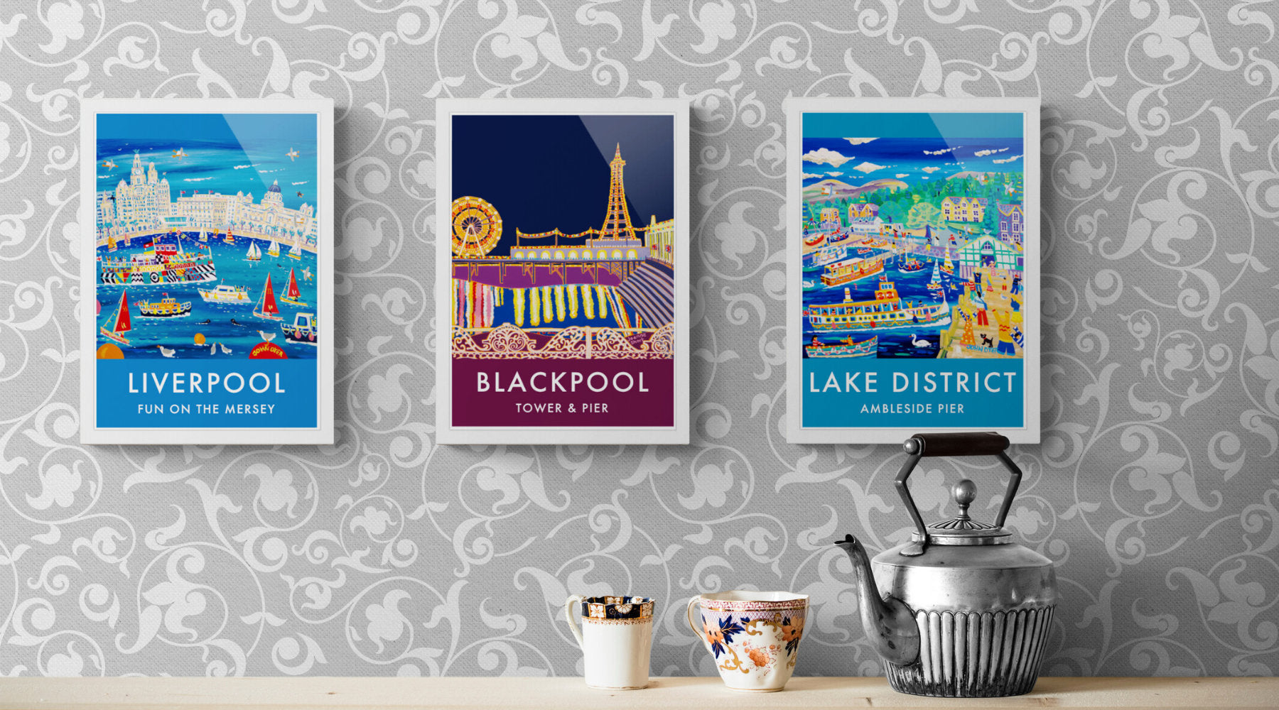 British art prints in a room setting with tea pot and cups