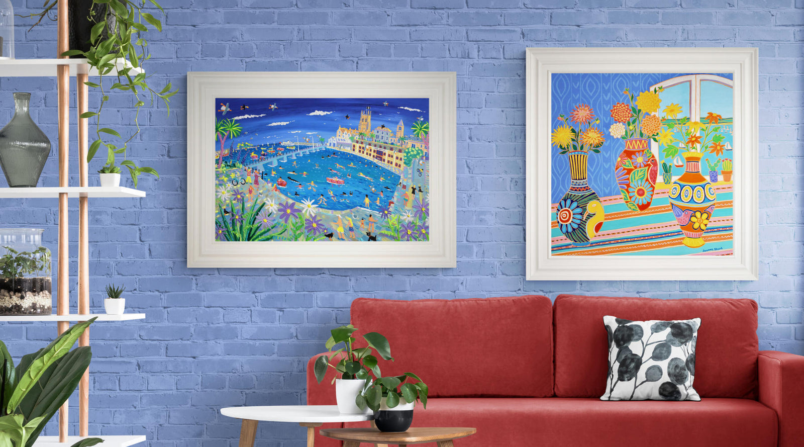 Original British paintings by John Dyer and Joanne Short in a lounge setting