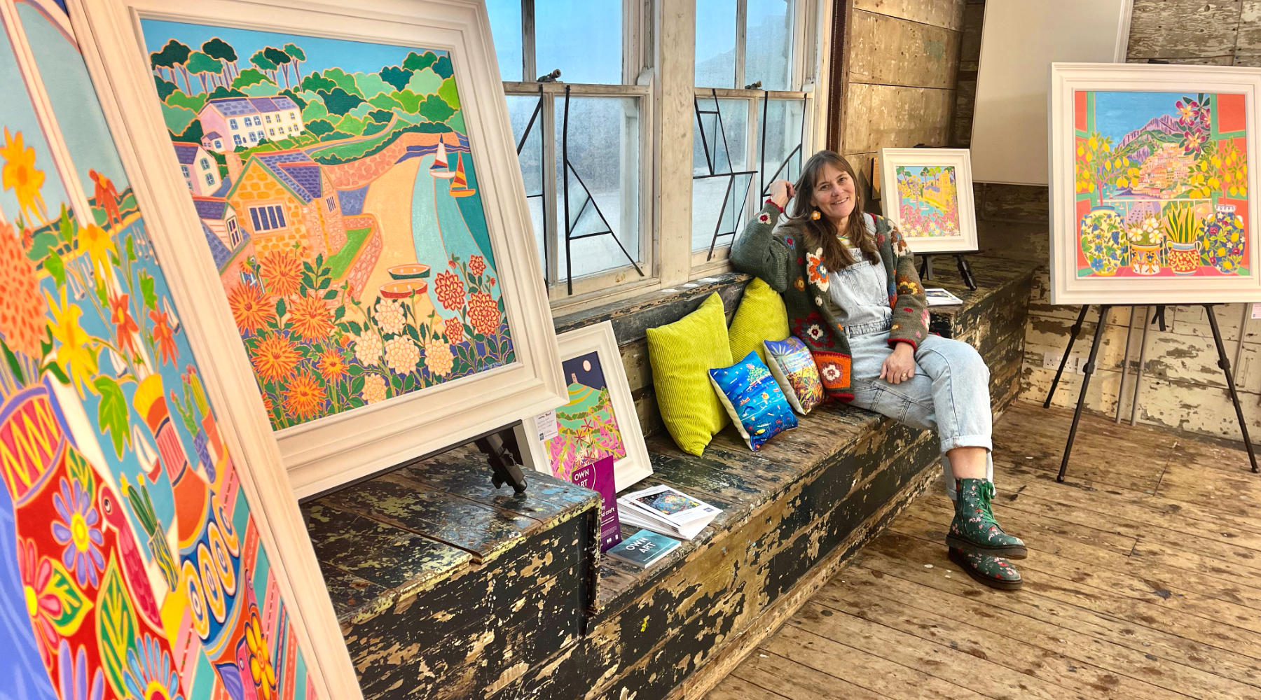 Cornish artist Joanne Short pictured in the Porthmeor Studios St Ives, Cornwall with a new collection of her original paintings