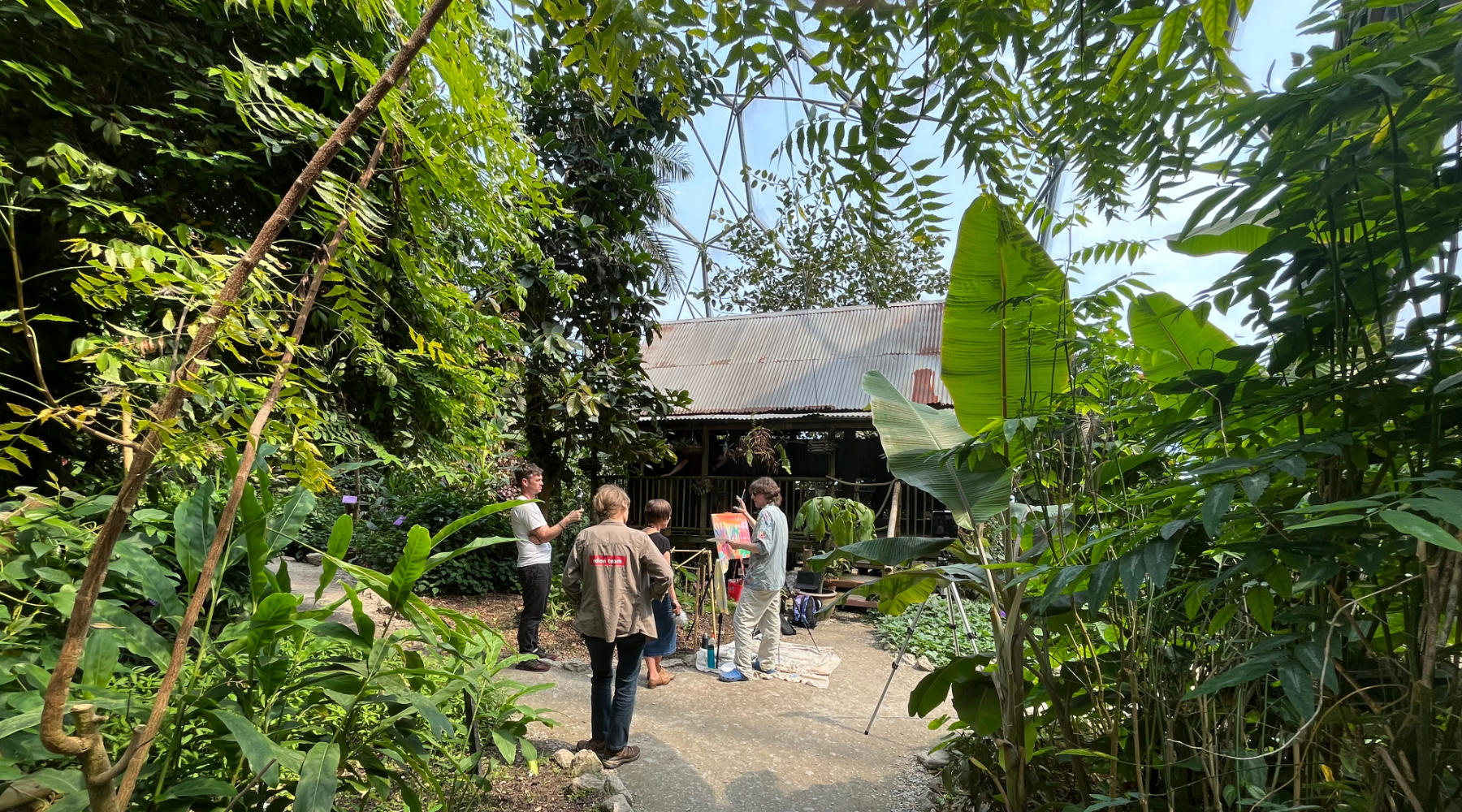 John Dyer at work painting the rainforest biome of the Eden Project in Cornwall for a live audience of nearly 5000 children from school around the world
