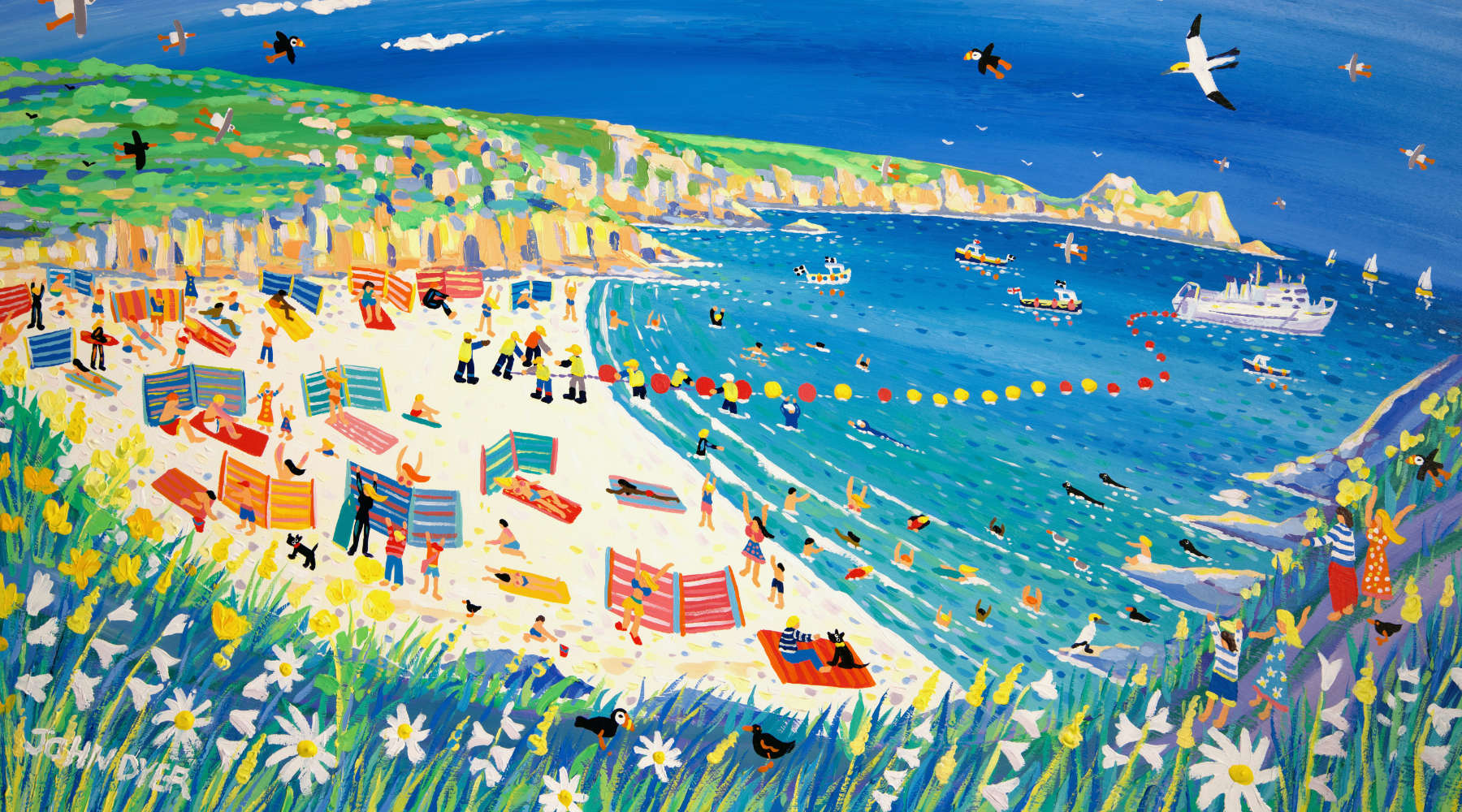 John Dyer painting of cable laying at Porthcurno beach in Cornwall