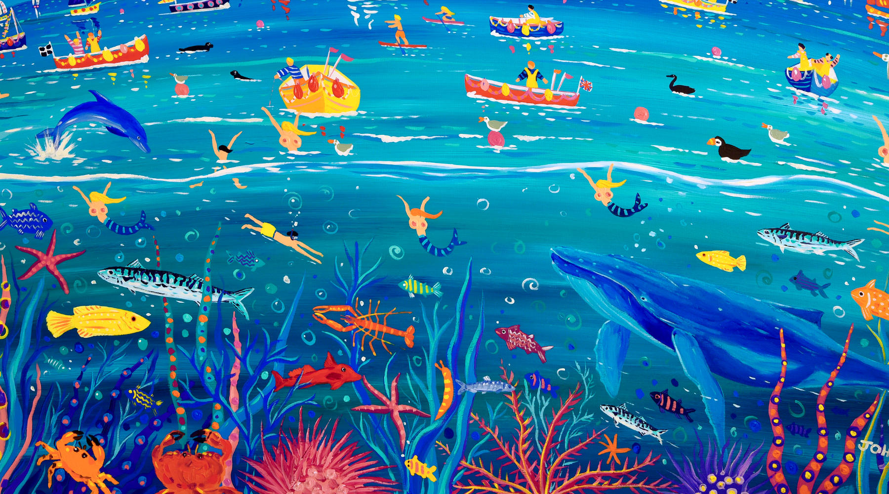 Coastal Prints of the Seaside - Detail of John Dyer print featuring a whale and dolphin