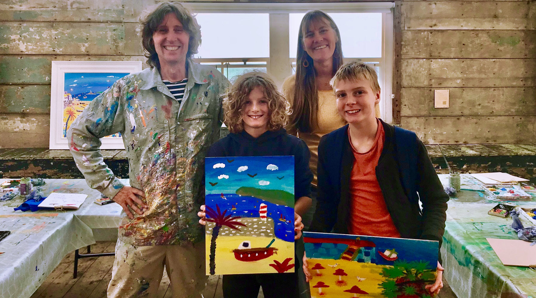 St Ives artists John Dyer & Joanne Short pictured in the Porthmeor Studios at the St Ives School of Painting with young artists Thomas and Benji during an art workshop. Photo courtesy of the parents.