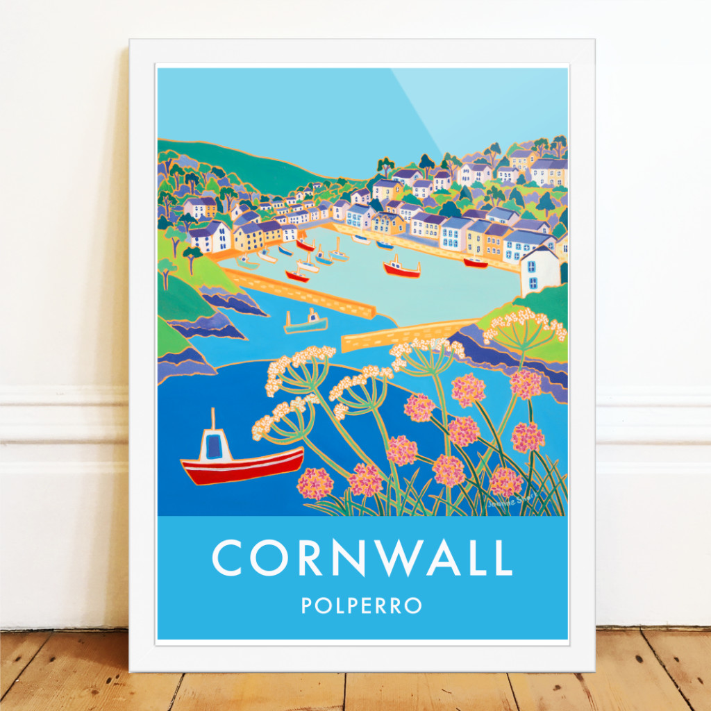 Vintage style seaside travel art pster of Polperro in Cornwall with fishing boats. By Joanne Short