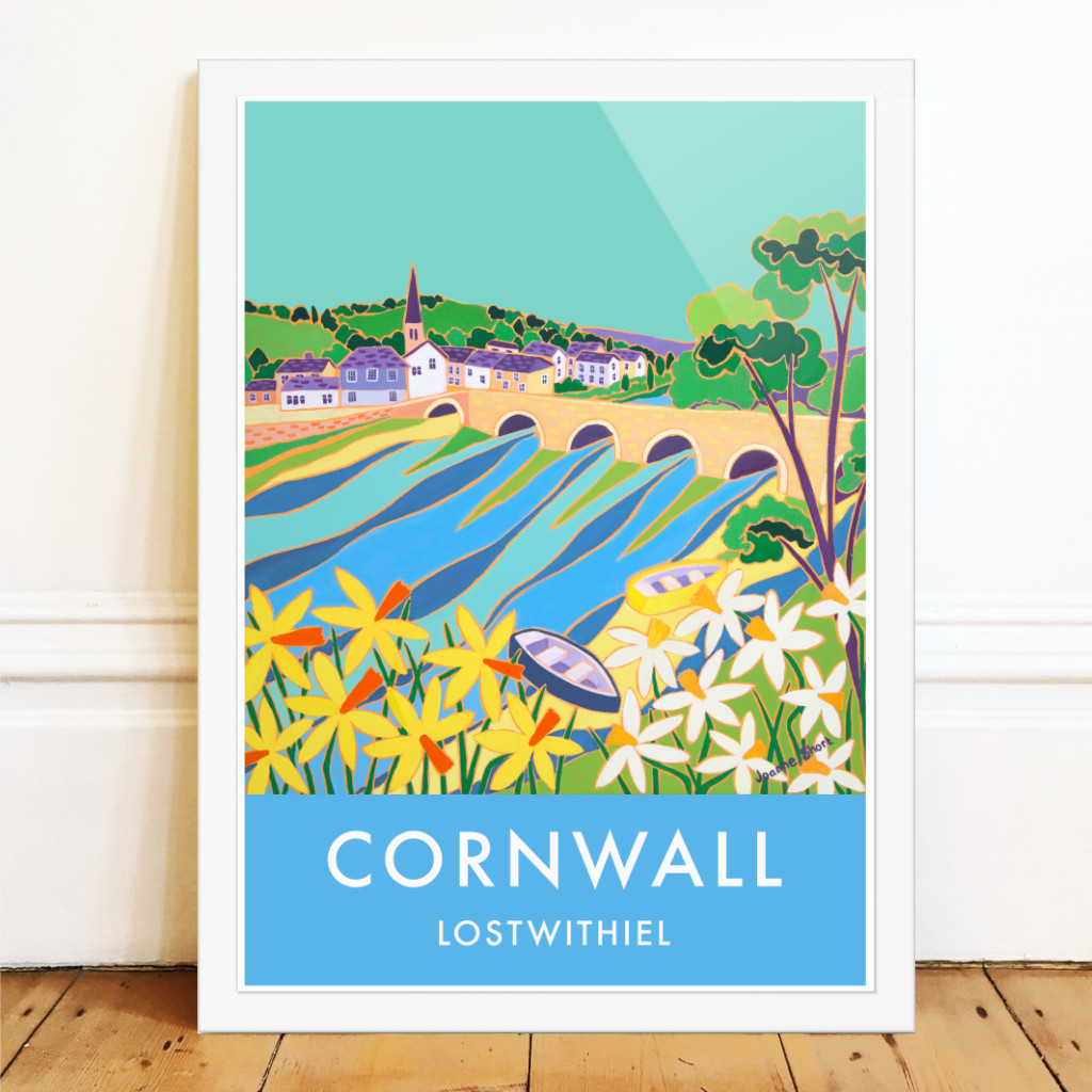 Joanne Short art poster print of Lostwithiel in Cornwall with the river and yellow and white daffodils