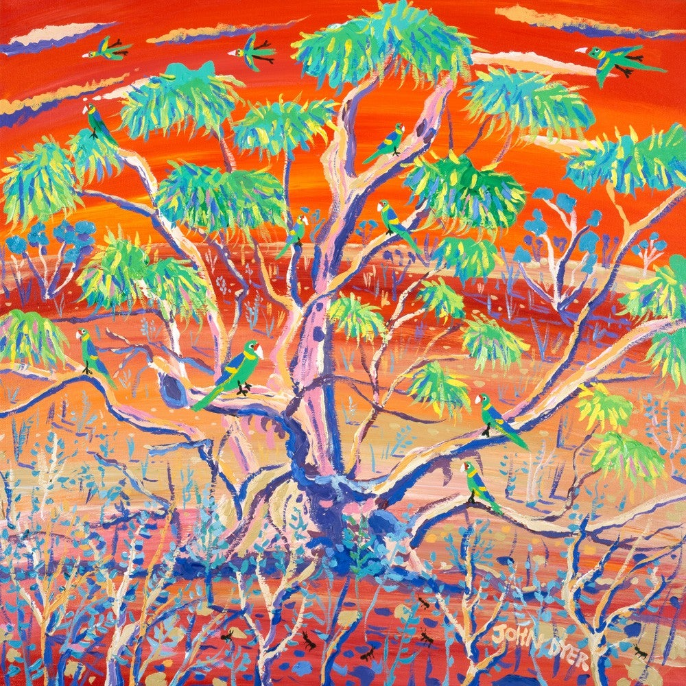John Dyer painting of gum tree in Australian outback at sunset with parrots