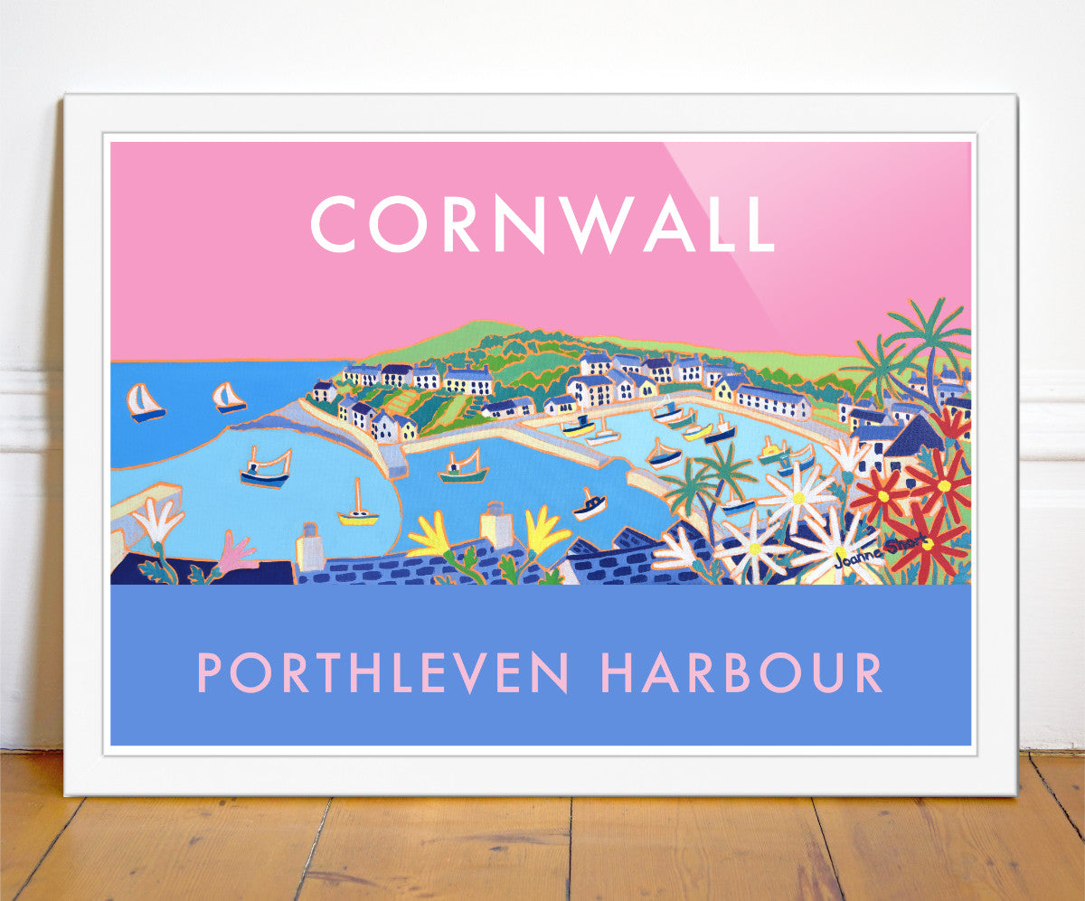 Travel art poster by Joanne Short of the Cornish fishing village of Porthleven harbour. Pink sky and fishing boats.