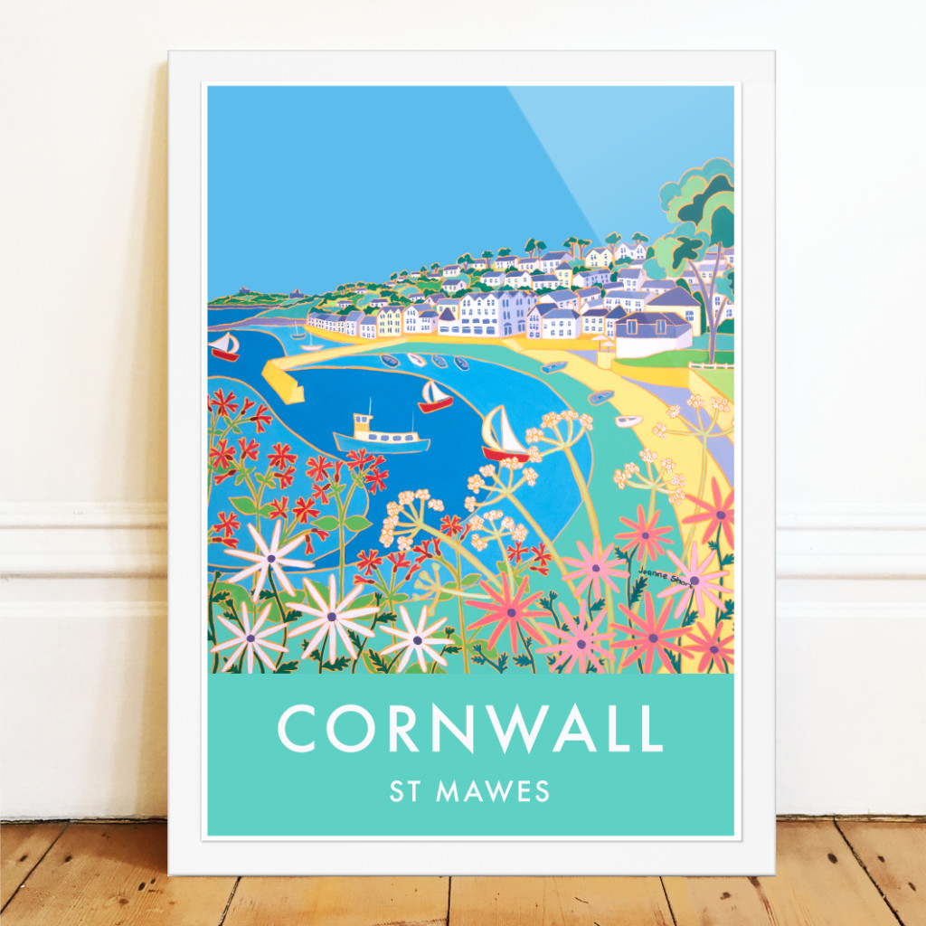 Vintage style travel art poster of St Mawes in Cornwall by Cornish artist Joanne Short. 