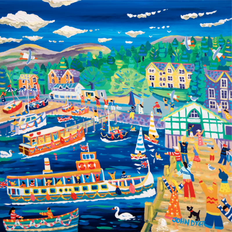 A feery docks at Ambleside pier in the Lake District in this stunnning John Dyer signed limited edition print. Full of colour, people, fun, pleasure boats and swans.