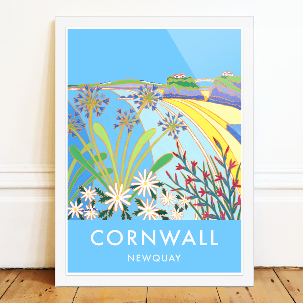Towan Beach in Newquay with agapanthus flowers and sea by Cornish artist Joanne Short