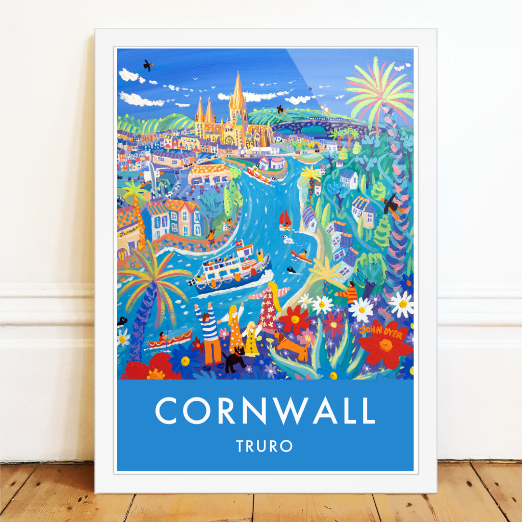 Art poster of Trueo by John Dyer. A ferry takes people to Truro along the river. A family with scotty dog and a sausage dog wave. Palms and flowers and the view is to Truro Cathedral