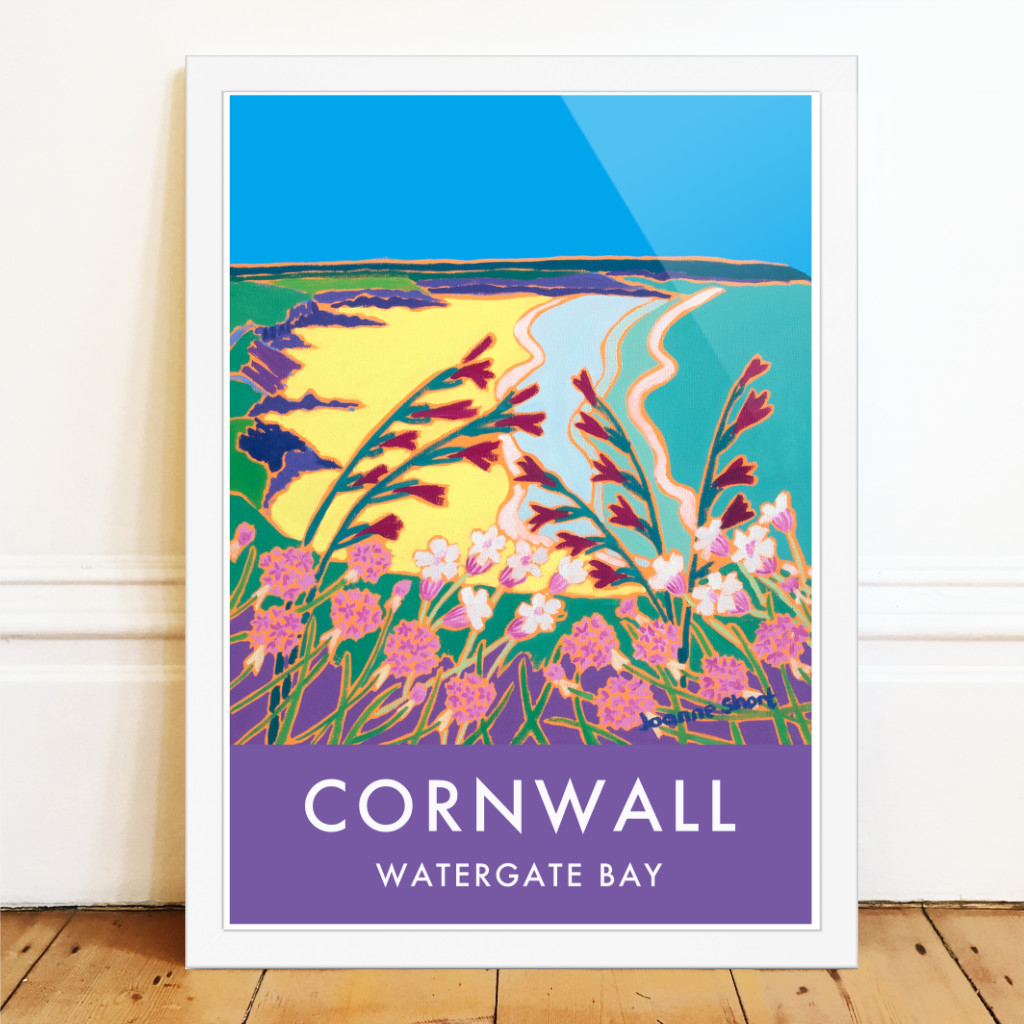 Art poster of the coast at Watergate Bay by Joanne Short with wild Cornish flowers on the cliffs